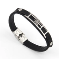 Men's black leather bracelet with stainless steel tree of life charm and folding clasp - Black/Silver