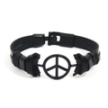 Unisex black leather peace sign bracelet with double clasp and metal charm - Black