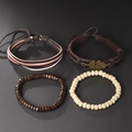 Vintage 4er-Set geflochtene Lederarmbänder mit Bronze-Blattanhänger und Holzperlen - Dunkelbraun