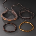 Handgefertigtes Lederarmband-Set im Retro-Stil mit Holzperlen für Herren und Damen - Dunkelbraun