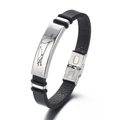 Bracciale da uomo in pelle nera e acciaio inossidabile con incisione di uccelli - Nero