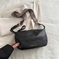 Retro black leather crossbody bag with wide patterned shoulder strap and gold lettering - Black