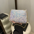 Iridescent white sequin underarm bag with gold metal chain strap and zip closure - White