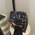 Colorful sequin shoulder bag with gold chain strap and vibrant multi-color finish - Colorful