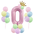Rosa Nummer 0 Ballon-Set mit kleiner goldener Krone und pastellfarbenen Ballons - Rosa Säule Nummer 0