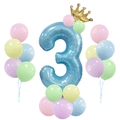 Blaues Geburtstagsballon-Set Nummer 3 mit goldener Krone und Pastell-Ballonständer - Blau Säule Nummer 3