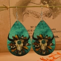Boucles d'oreilles pendantes style western avec motif crâne de vache et plumes boho - Style Tête de Taureau Plume / Bleu sarcelle