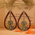 Boucles d'oreilles vintage en bois en forme de larme avec guitare et mandala bohème - Guitare