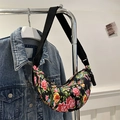 Ethnic style black hobo bag with red peony floral pattern and wide canvas strap - Black
