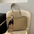 Khaki large tote bag in faux leather with contrast stitching and decorative scarf - Khaki