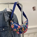 Ethnic blue crossbody crescent bag with traditional Chinese floral peony patterns - Blue