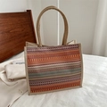 Ethnic style jute tote bag with geometric patterns and round woven handles in warm tones - Vintage Ethnic Stripes (Style 9)