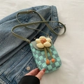 Mini crossbody phone bag with light green checkered pattern and yellow flower detail - Lake Blue