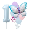 Details zum hellblauen Zahlenballon 1 und bunten Schmetterlingsballon für Geburtstage - Eisblau Schmetterling Set Nummer 1