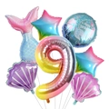 Detalle del set de globos de cumpleaños sirena con número 9 degradado y formas de conchas - Estilo Degradado Sirena (Número 9)