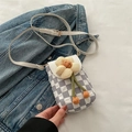 Chic grey plaid phone bag with large 3D flower detail and thin white strap on denim - White
