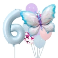 Detail of 6th birthday balloon set with blue number 6 and glittery butterfly foil balloon - Number 6 Style (Ice Blue Butterfly Set 6)