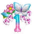 Detalle de globo número 1 azul degradado de 40 pulgadas con mariposa y set floral - Juego de Número 1