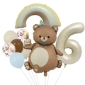 Birthday balloon set featuring a brown bear with cake, rainbow, and cream number 6 balloon - Number 6 (Magic Bear Set 6)