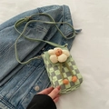 Mini green checkered crossbody phone bag with a decorative 3D plush flower detail - Green