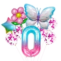 Detail van blauwe verloopcijfer nul ballon met vlinder en bloemdecoraties - Nummer 0 Set
