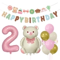 Geburtstagsdeko-Set mit Bärenballon, rosa Nummer 2 und Happy Birthday Banner-Kette - Bären- und Zahlenballon-Banner mit Latexballons-Set (2)