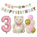 Bären-Deko-Set zum 3. Geburtstag mit rosa Nummer 3 Ballon und Happy Birthday Banner - Bären- und Zahlenballon-Banner mit Latexballons-Set (3)