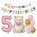 Teddy bear theme 5th birthday decoration set with pink number balloon and happy birthday banner - Cream Bear Banner (Age 5)