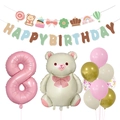 Detail of bear themed birthday party set with pink number 8 and happy birthday banners - Cream Bear Banner (Age 8)