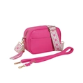 Rosarote Kamera-Tasche aus Leder mit gemustertem Webband und dekorativem Quastenanhänger - Rosenrot