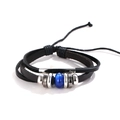 Punk multilayer black leather bracelet with blue resin bead and adjustable cord - Black