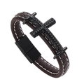 Herren Armband aus braunem geflochtenem Leder mit schwarzem Metallkreuz und Magnetverschluss - Dunkelbraun