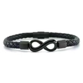 Men's black braided leather infinity bracelet with matte black magnetic metal buckle - Black