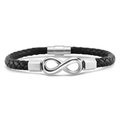 Men's minimalist black braided leather infinity bracelet with silver magnetic buckle - Silver