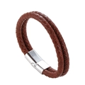 Bracelet pour homme en cuir tressé marron double couche avec fermoir magnétique argent - Beige