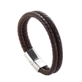 Bracelet multicouche en cuir tressé marron foncé pour homme avec fermoir magnétique argent - Brun