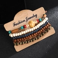 Retro multilayer beaded wooden bracelet set with braided leather and ethnic style charms - Vintage Leather Rope Metal Wood Bead Four Piece Set (B481) / Brown