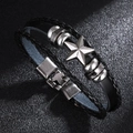 Bracelet rétro multicouche en cuir noir avec étoile en métal argenté et fermoir - Noir