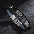 Men's retro layered black leather bracelet with vintage silver metal studs and clasp - Black