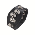 Punk-Breitarmband aus schwarzem Leder mit fünf silbernen Totenkopf-Nieten - Schwarz