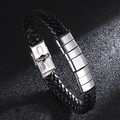 Geflochtenes Herrenarmband aus schwarzem Leder mit Edelstahlplatten und Verschluss - Schwarz