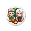 Close-up of a tinplate badge featuring cartoon Muslim children with moon and stars - Muslim Children Reading Style (Single Item 1)