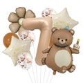 Detail view of earth-tone balloon set featuring bear, number 7, and daisy shapes - Number 7 Set (Brown Magic Bear 7)