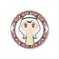 Detail of round tinplate badge featuring a cartoon boy in traditional Arab dress and patterns - Boy in Beige Thawb Style (Single Item 7)
