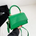 Green faux crocodile texture crossbody handbag with woven handle and gold hardware - Green