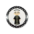 Detail of round tinplate badge featuring a cartoon boy in Middle Eastern traditional dress - Boy in Gold Embroidery Thawb Style (Single Item 11)