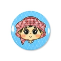 Detail showing the pin-back fastener on a cute Middle Eastern boy cartoon tinplate badge - Boy with Keffiyeh Blue Background Style (Single Item 12)