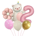 Detail view of bear foil balloon with pink flower and number 2 for birthday party decor - Number 2 Style
