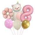 Detail view of 8th birthday balloon set with cream bear and pink daisy foil balloons - Number 8 Style