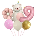 Detail of bear foil balloon with daisy and pink number nine for kids birthday party - Number 9 Style